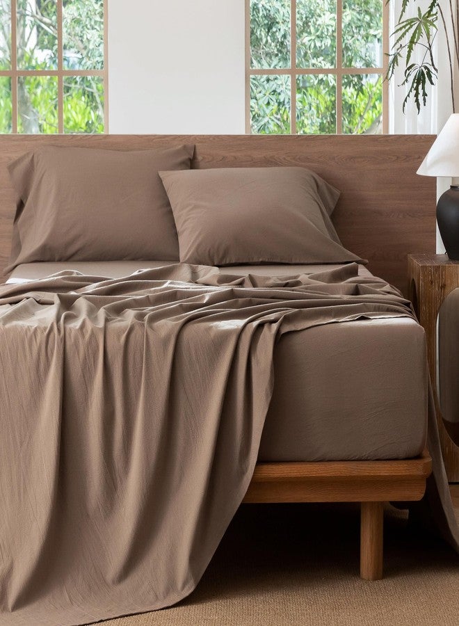MooMee Bedding Sheet Set 100% Washed Cotton Linen Like Textured Breathable Durable Soft Comfy (Solid Brown, Queen) - Image 5
