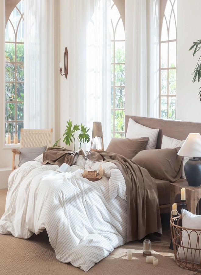 MooMee Bedding Sheet Set 100% Washed Cotton Linen Like Textured Breathable Durable Soft Comfy (Solid Brown, Queen) - Image 3