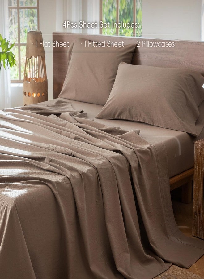 MooMee Bedding Sheet Set 100% Washed Cotton Linen Like Textured Breathable Durable Soft Comfy (Solid Brown, Queen) - Image 2