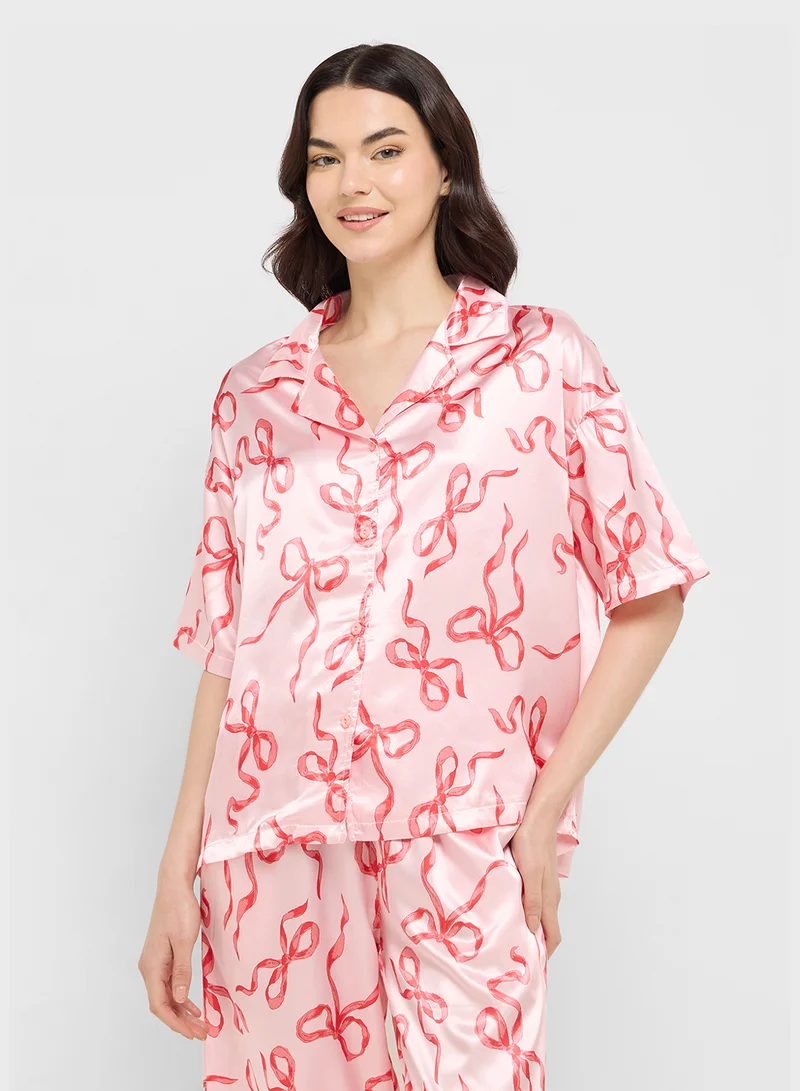 Ginger Satin Bow Print Button Down Shirt & Pyjama Set