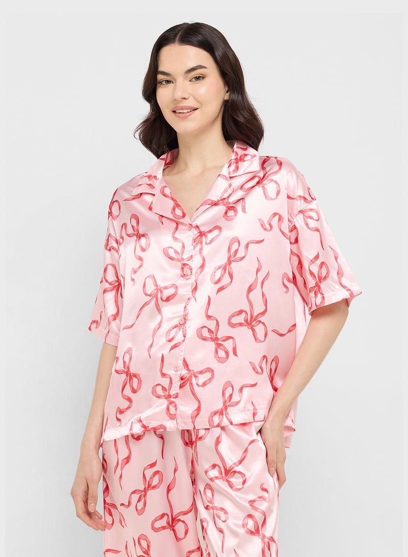 Ginger Satin Bow Print Button Down Shirt & Pyjama Set  - Image 3