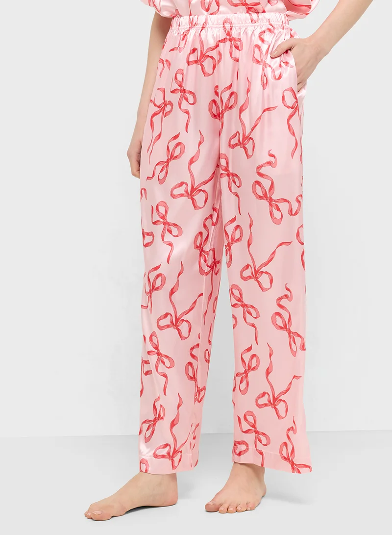 Ginger Satin Bow Print Button Down Shirt & Pyjama Set