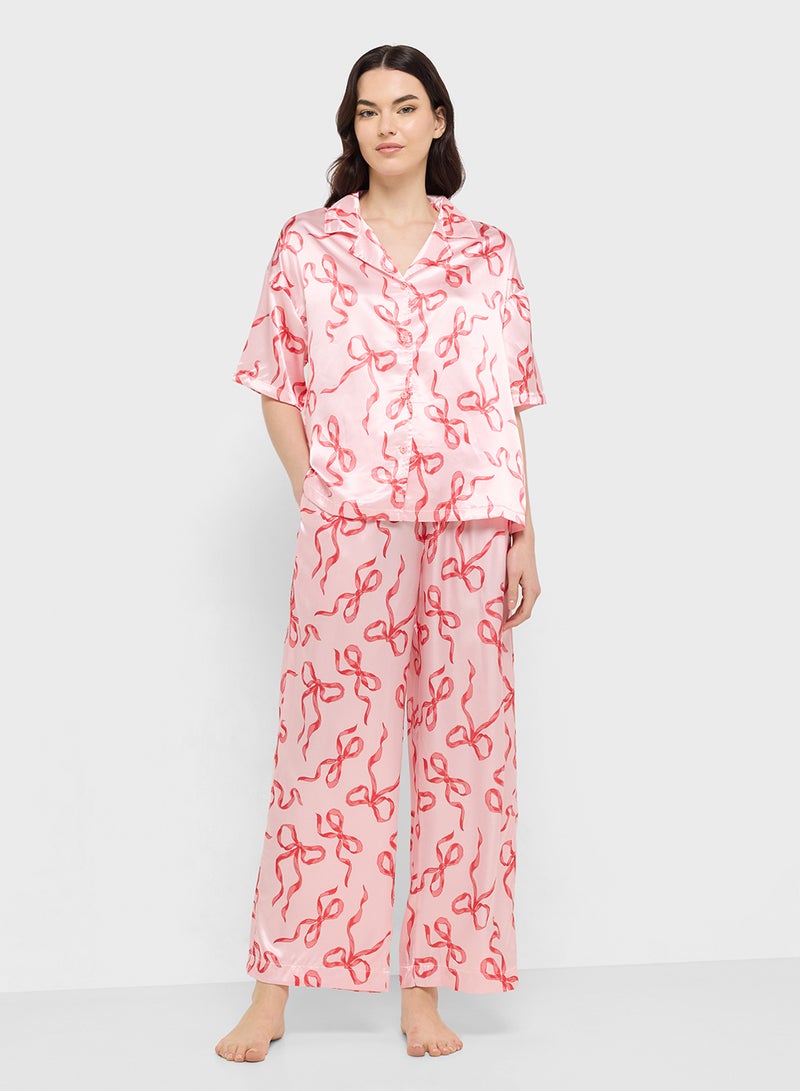 Ginger Satin Bow Print Button Down Shirt & Pyjama Set  - Image 1