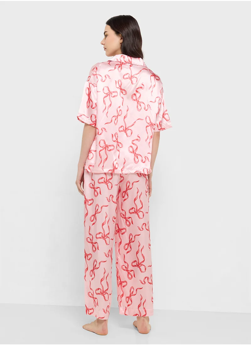 Ginger Satin Bow Print Button Down Shirt & Pyjama Set