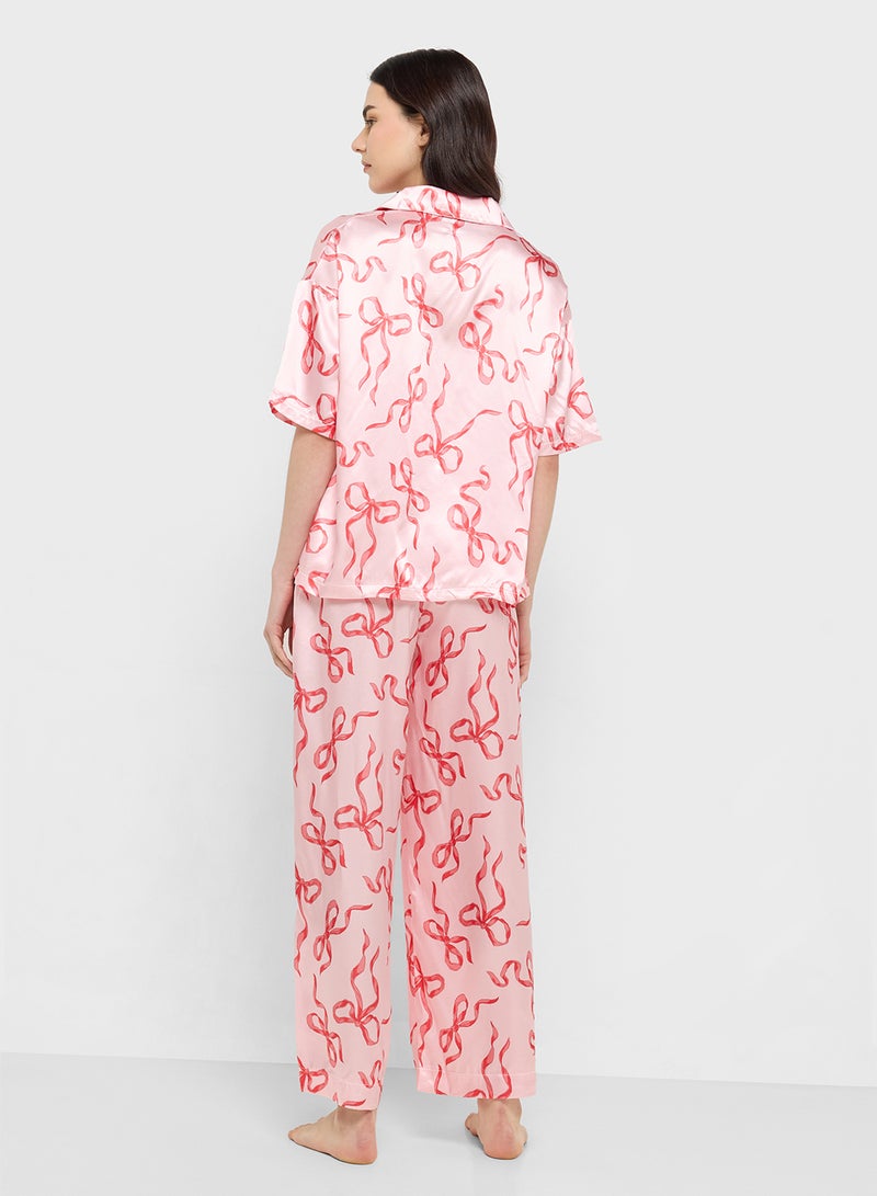 Ginger Satin Bow Print Button Down Shirt & Pyjama Set  - Image 2
