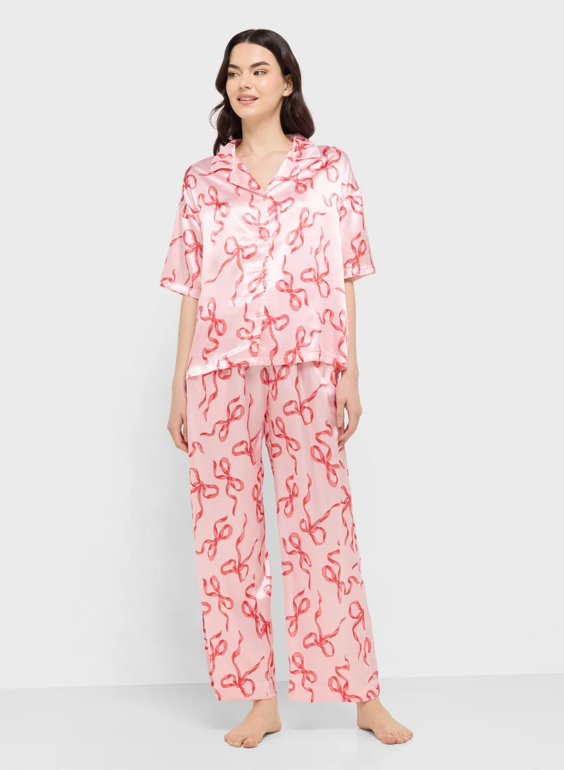 Ginger Satin Bow Print Button Down Shirt & Pyjama Set