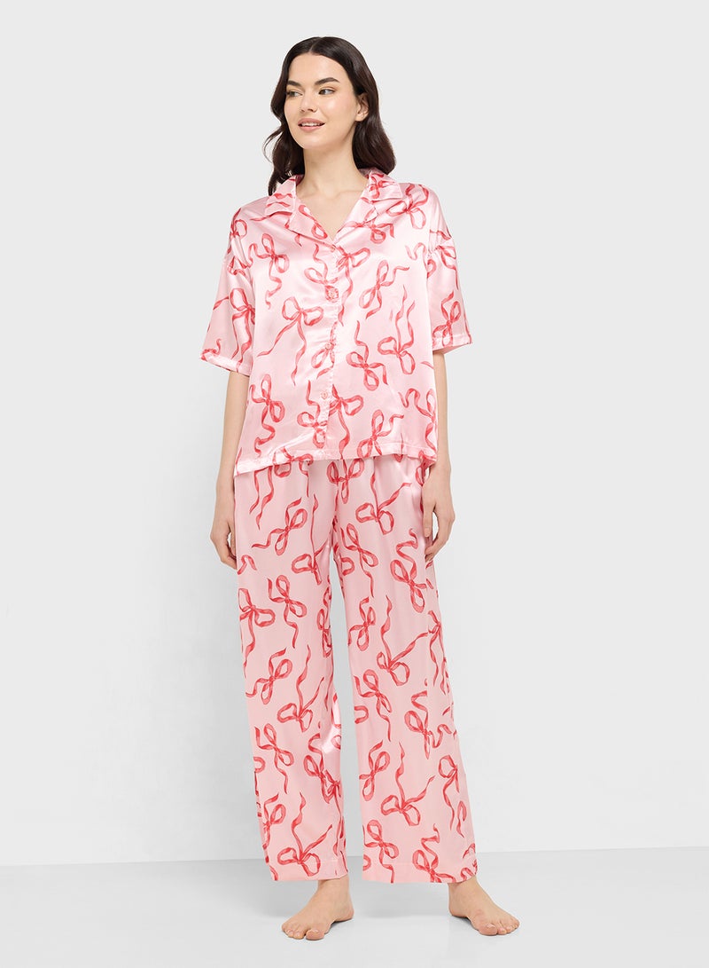 Ginger Satin Bow Print Button Down Shirt & Pyjama Set  - Image 5