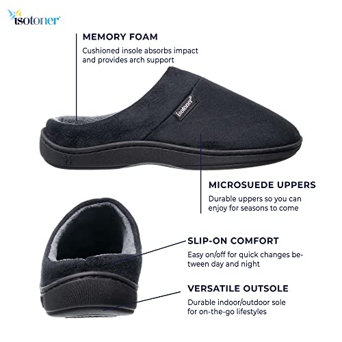 Isotoner Men's Classic Microterry Slippers - Cooling Gel-Infused Memory Foam, Indoor/Outdoor Soles, Machine Washable, Fuax Microsuede Black, 8-9 - Image 2
