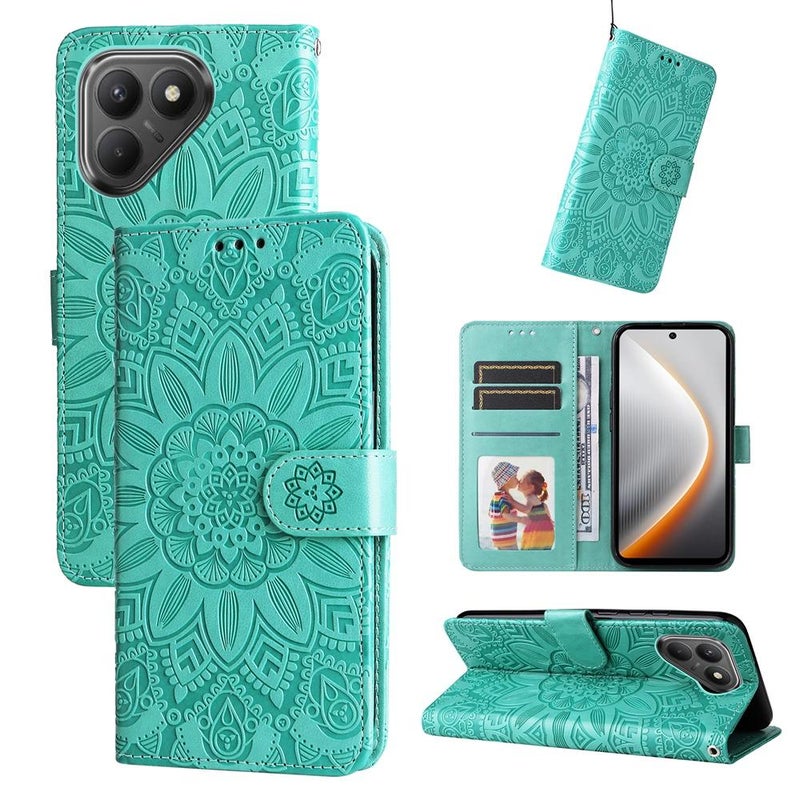 erorex For Tecno Pova 7 4G Embossed Sunflower Leather Phone Case(Green) - Image 1