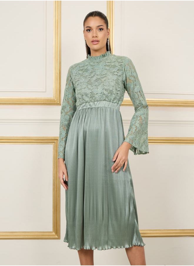 Styli - Lace Detail Satin Pleated Hem A-Line Midi Dress - Image 1