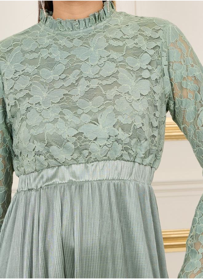 Styli - Lace Detail Satin Pleated Hem A-Line Midi Dress - Image 1