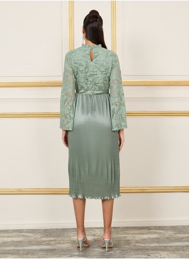 Styli - Lace Detail Satin Pleated Hem A-Line Midi Dress - Image 1