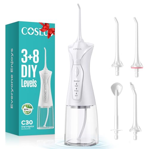 COSLUS Water Dental Flosser Pick for Teeth: 4 Modes Cordless Portable 300ML Larger Tank Water Teeth Cleaner IPX7 Waterproof Flossing Cleaning Picks for Home Travel White C30(FC5360) - Image 1