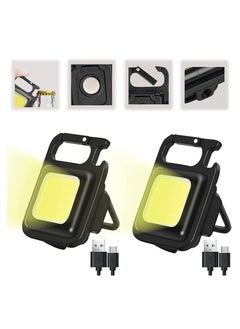 Keychain LED Light with Bottle Opener, Magnetic Base and Folding Bracket Mini COB 1000 Lumens Rechargeable Emergency Light for Camping Cycling (Square with 4 Modes, Aluminum) Pack of 2