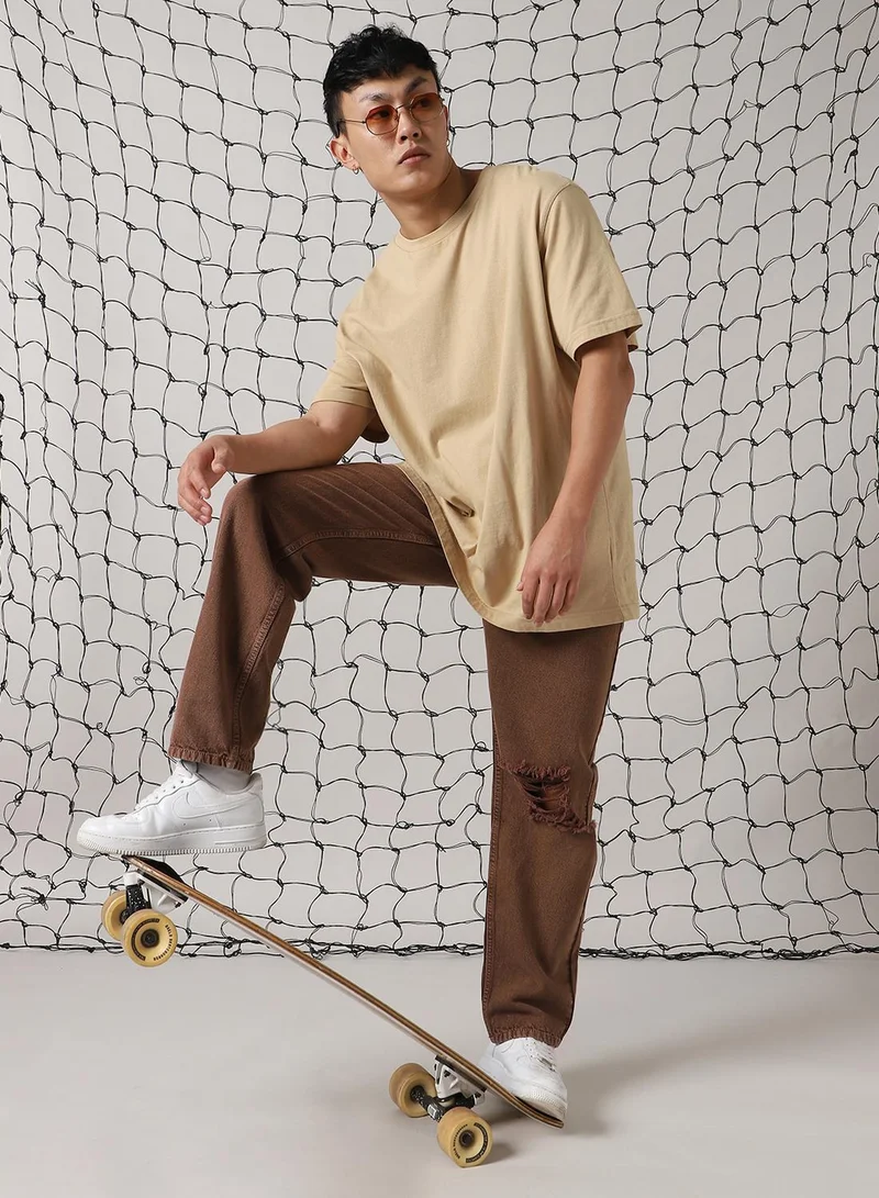 Hubberholme Men's Brown 100% Cotton Distressed Full Length Relaxed Fit Jeans