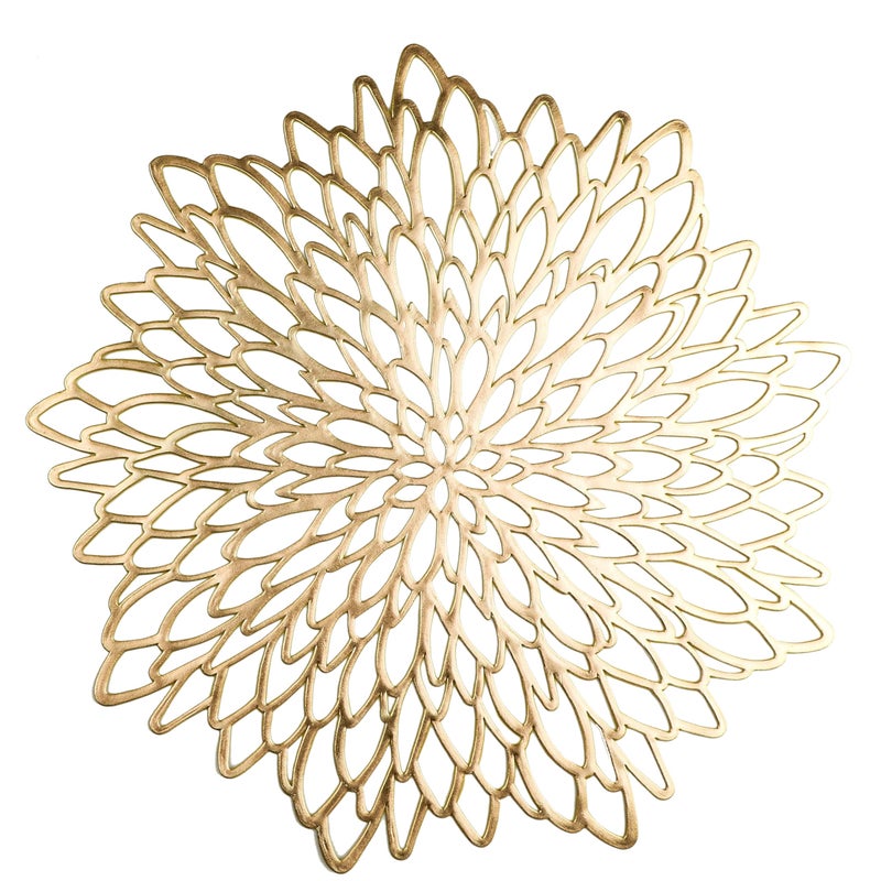 Snowkingdom Pack of 18 Gold Metallic Round Placemats Bulk Round Pressed Vinyl Leaf Dinning Kitchen Table Mats Decoration for Christmas Wedding Thanksgiving Party