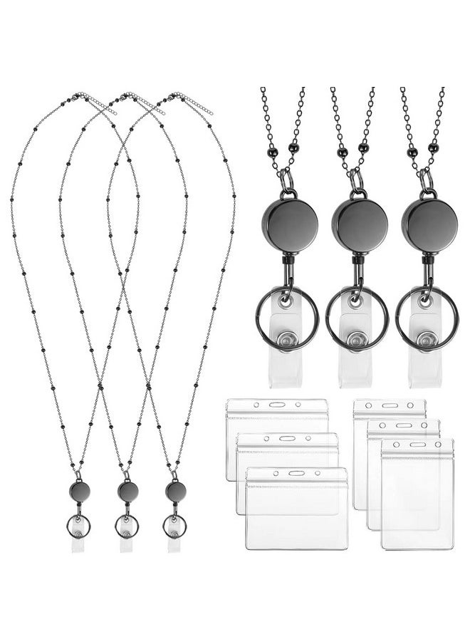 Prudiut - Lanyards For Id Badges 3 Pack Badge Lanyard With 6 Pcs Id Badge Holder Retractable Badge Holders Stainless Steel Teacher Lanyards Cruise Ship Lanyards For Girl Women (Black) - Image 1