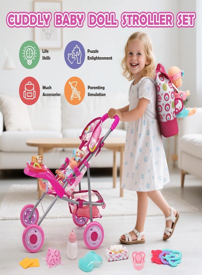 Dreamon Baby Doll Stroller Set with 12.5" Doll, Baby Dining Table, Backpack with Carrier, 21 PCS Baby Doll Accessories Stroller Toys, 2 Sets Doll Clothes, Feeding Set Girls Toddlers Gifts for Pretend Play - Image 2