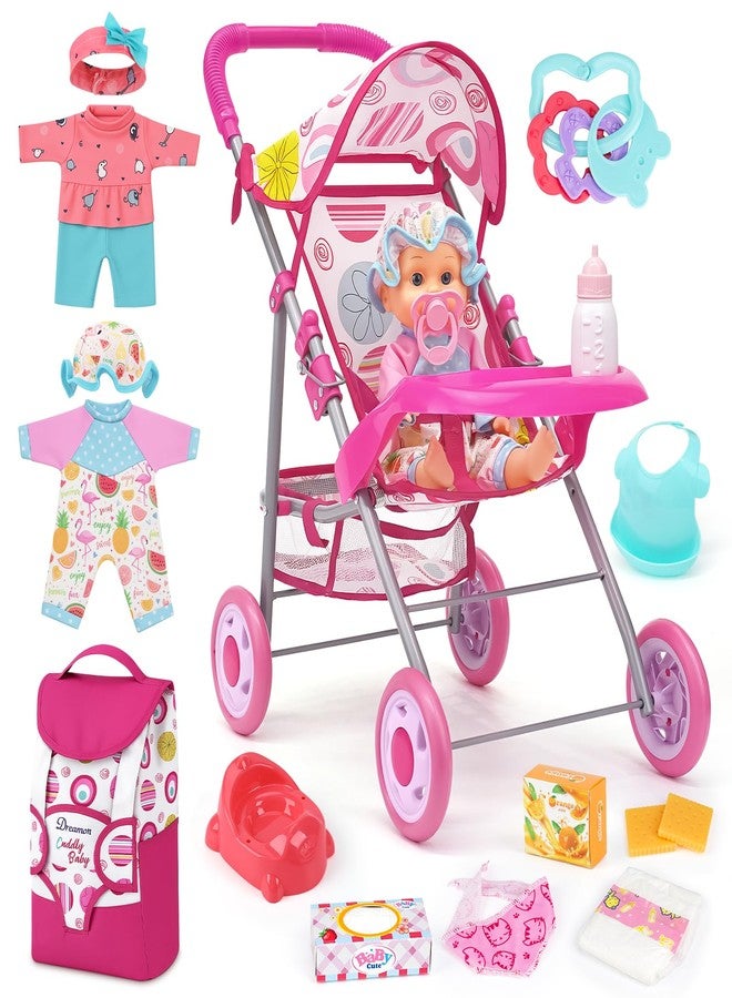 Dreamon Baby Doll Stroller Set with 12.5" Doll, Baby Dining Table, Backpack with Carrier, 21 PCS Baby Doll Accessories Stroller Toys, 2 Sets Doll Clothes, Feeding Set Girls Toddlers Gifts for Pretend Play - Image 1