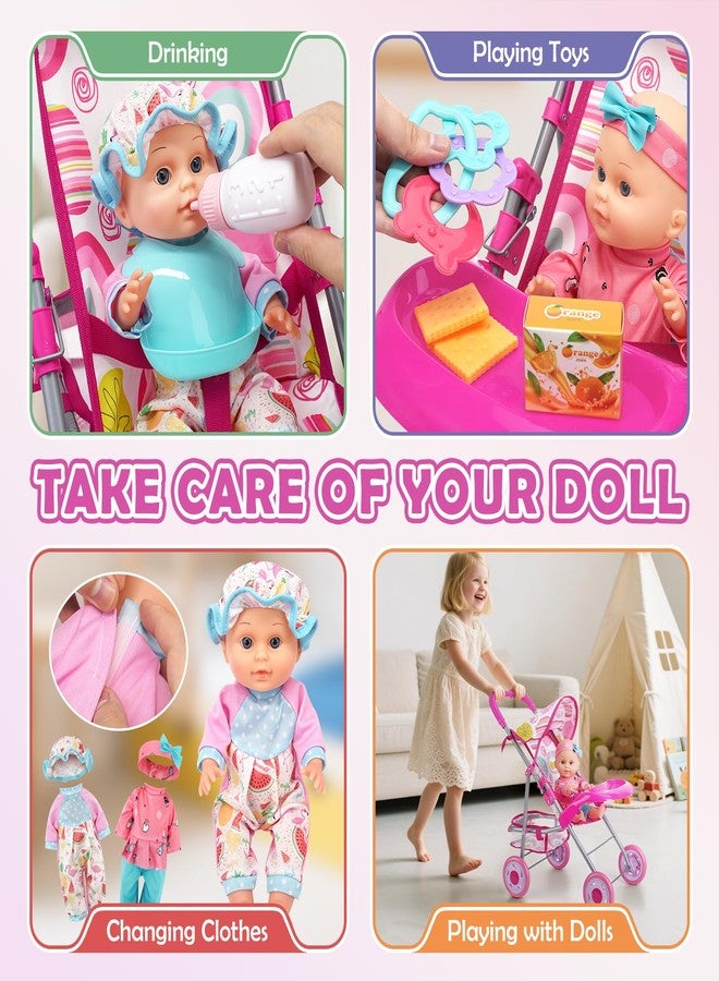 Dreamon Baby Doll Stroller Set with 12.5" Doll, Baby Dining Table, Backpack with Carrier, 21 PCS Baby Doll Accessories Stroller Toys, 2 Sets Doll Clothes, Feeding Set Girls Toddlers Gifts for Pretend Play - Image 4