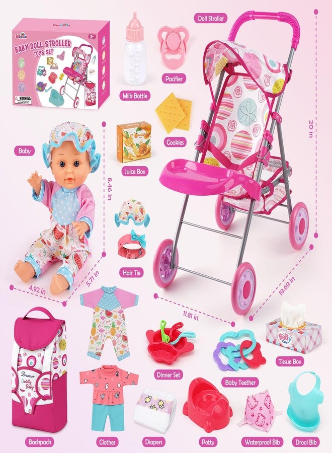Dreamon Baby Doll Stroller Set with 12.5" Doll, Baby Dining Table, Backpack with Carrier, 21 PCS Baby Doll Accessories Stroller Toys, 2 Sets Doll Clothes, Feeding Set Girls Toddlers Gifts for Pretend Play - Image 3