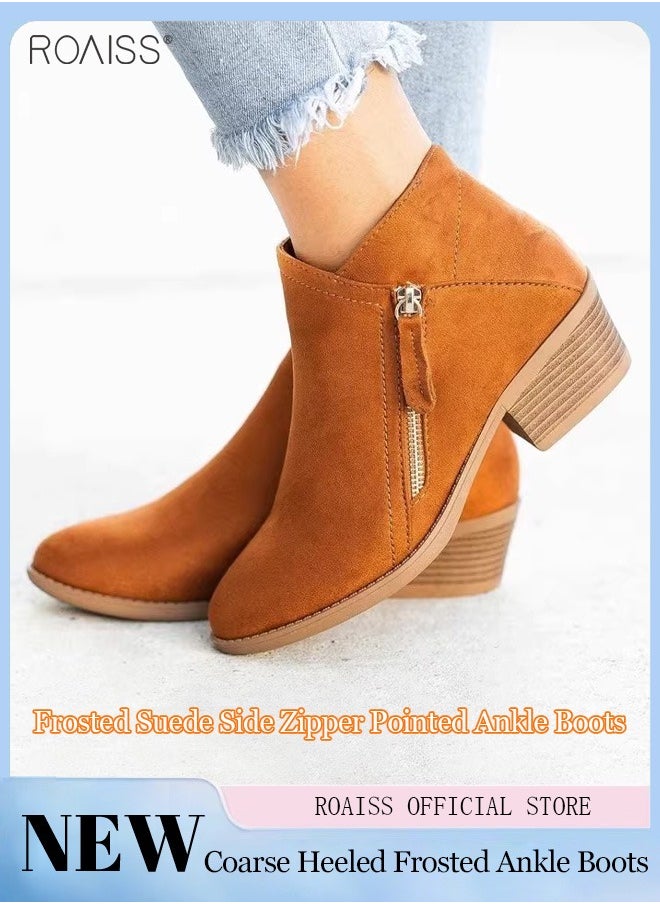 roaiss Women's Fashionable Suede Ankle Boots Classic Pointed Boots With Zipper At Both Sides And Thick Heel Boots With Cork Soles In Autumn And Winter  - Image 1