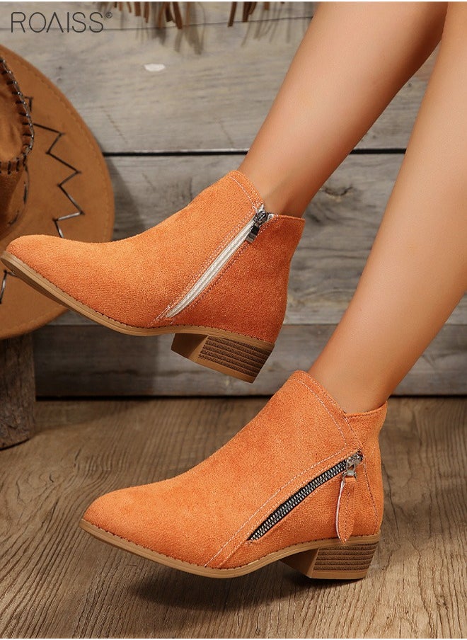 roaiss Women's Fashionable Suede Ankle Boots Classic Pointed Boots With Zipper At Both Sides And Thick Heel Boots With Cork Soles In Autumn And Winter  - Image 3