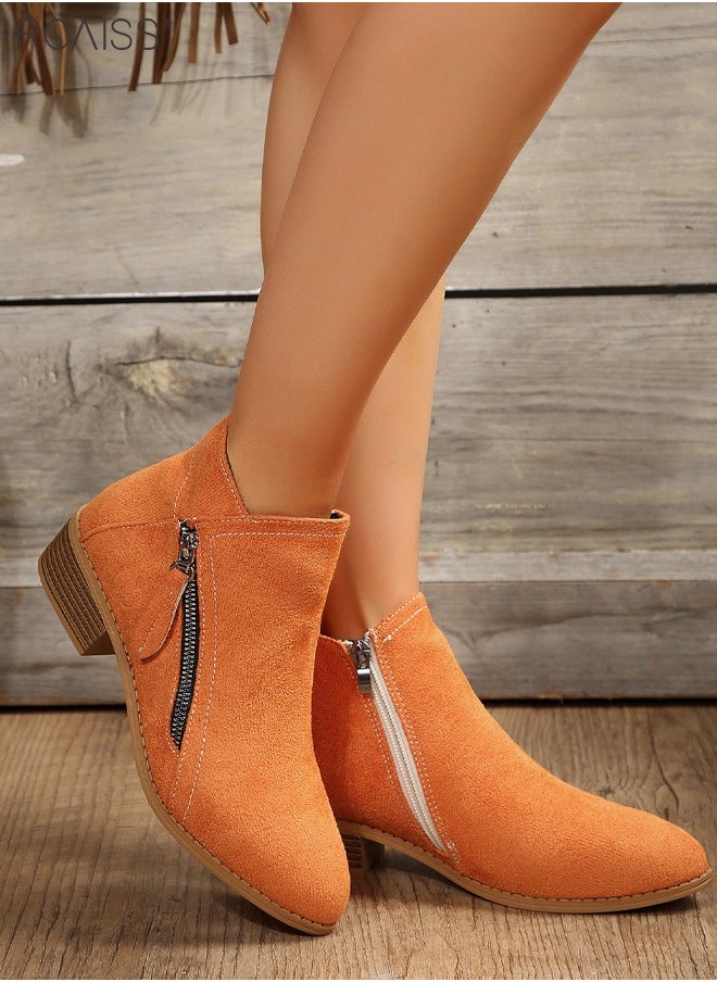 roaiss Women's Fashionable Suede Ankle Boots Classic Pointed Boots With Zipper At Both Sides And Thick Heel Boots With Cork Soles In Autumn And Winter  - Image 4