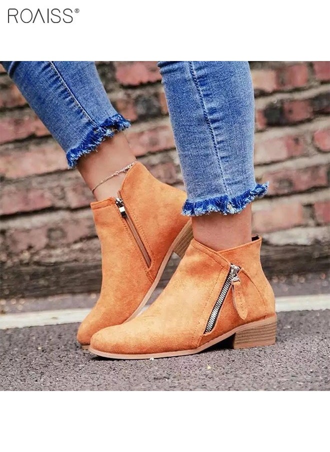 roaiss Women's Fashionable Suede Ankle Boots Classic Pointed Boots With Zipper At Both Sides And Thick Heel Boots With Cork Soles In Autumn And Winter  - Image 2
