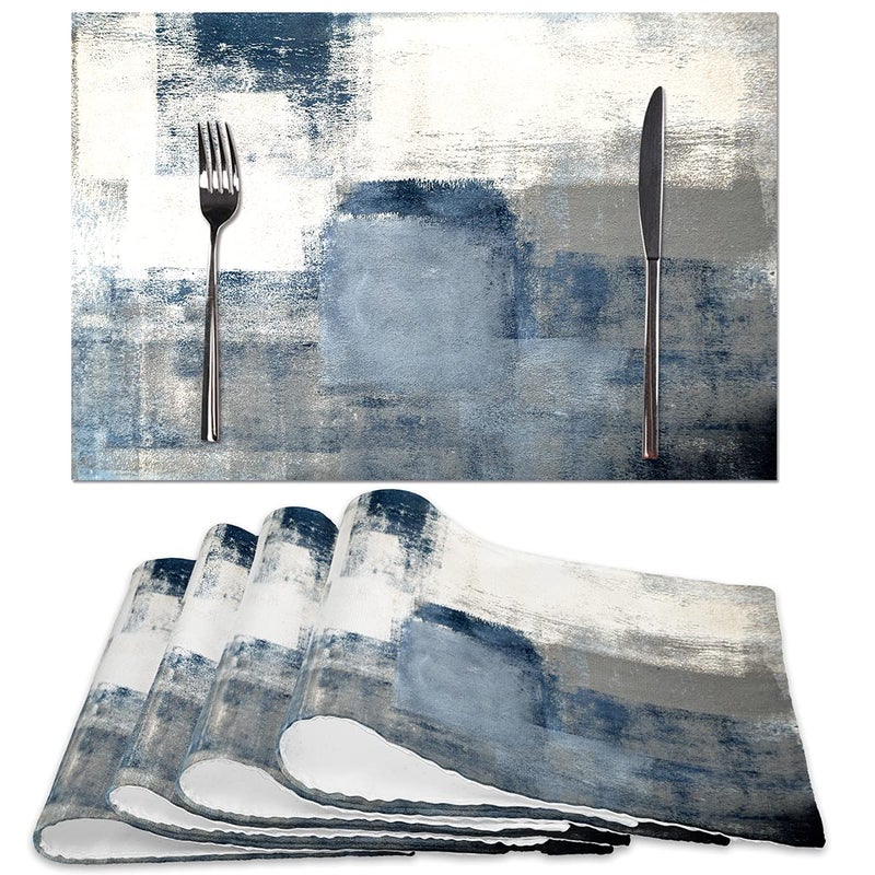 Blue Abstract White and Grey Modern Art Placemats Set of 4 Heat Resistant NonSlip Artwork Dining Placemats Washable Place Mats for Home Kitchen 18X12