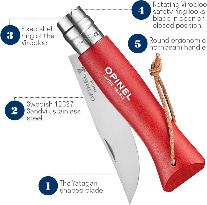 Opinel Colorama Series No. 8 - Stainless Steel Everyday Carry Folding Pocket Knife with Leather Strap, Painted Hornbeam Handles - Image 4