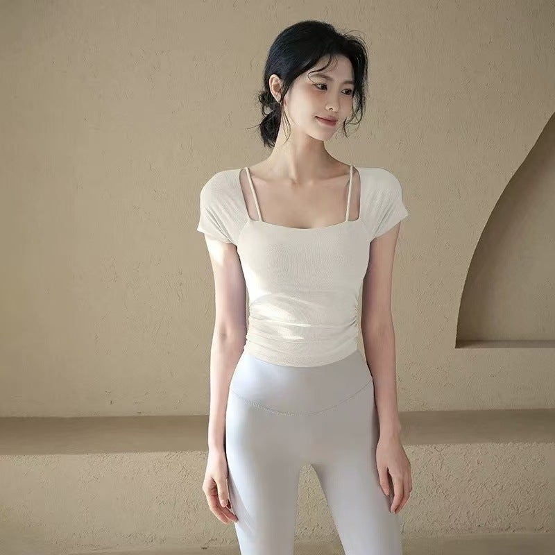 Generic Yoga Clothing Womens Summer Fixed Mesh with Chest Pad Short Fitness Clothing Short-sleeved Sports Quick-drying Pilates Top Light ivory (one-piece fixed chest pad)