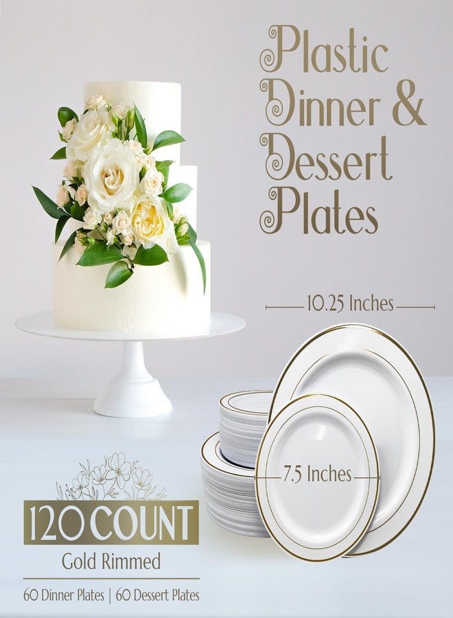 Reli. (120 Pcs Plastic Plates Disposable Combo | White w/Gold Rim | 10.25" Dinner Size (60 Pcs) & 7.5" Dessert Size (60 Pcs) | Heavy Duty Fancy Plates for Party, Wedding | Hard Plastic - Image 2