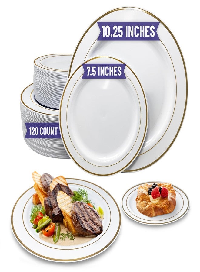 Reli. (120 Pcs Plastic Plates Disposable Combo | White w/Gold Rim | 10.25" Dinner Size (60 Pcs) & 7.5" Dessert Size (60 Pcs) | Heavy Duty Fancy Plates for Party, Wedding | Hard Plastic - Image 1