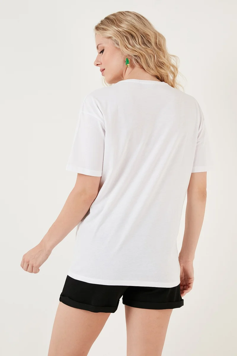 Lela Printed Cotton Oversize Crew Neck T Shirt Women's T Shirt 541HAPPINESS