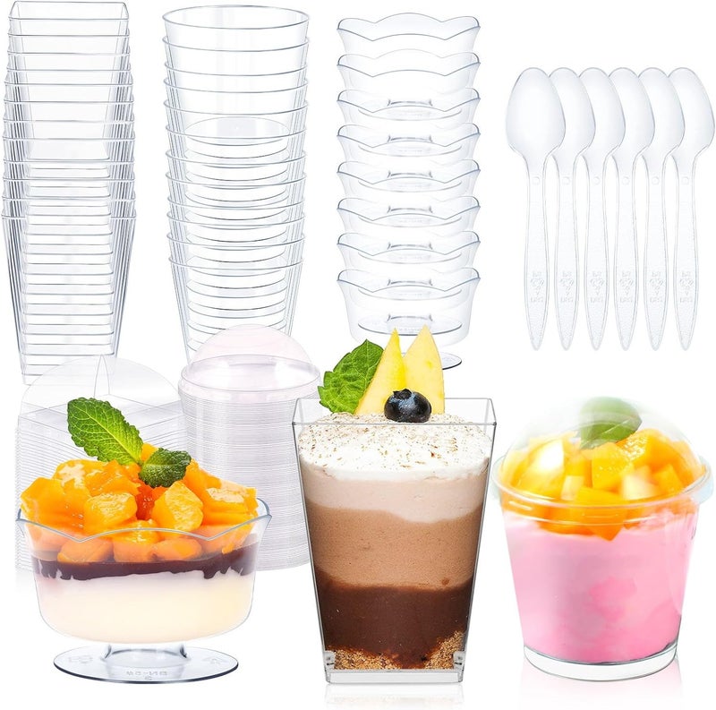 ALEXPRE 340 Packs 45 oz Plastic Dessert Cups with Lids and Spoons SquareRoundRound Goblet Clear Dessert Parfait Cups Small Reusable Fruit Ice Cream Pudding Appetizer Cup Bowls - Image 1