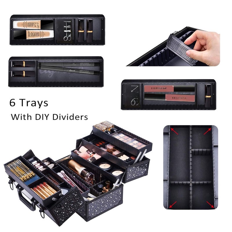 Joligrace Makeup Case 6 Trays Large 14" x 8.5" x 11" Train Cases Cosmetic Organizer Storage Box by Joligrace - Star Pattern - Image 4