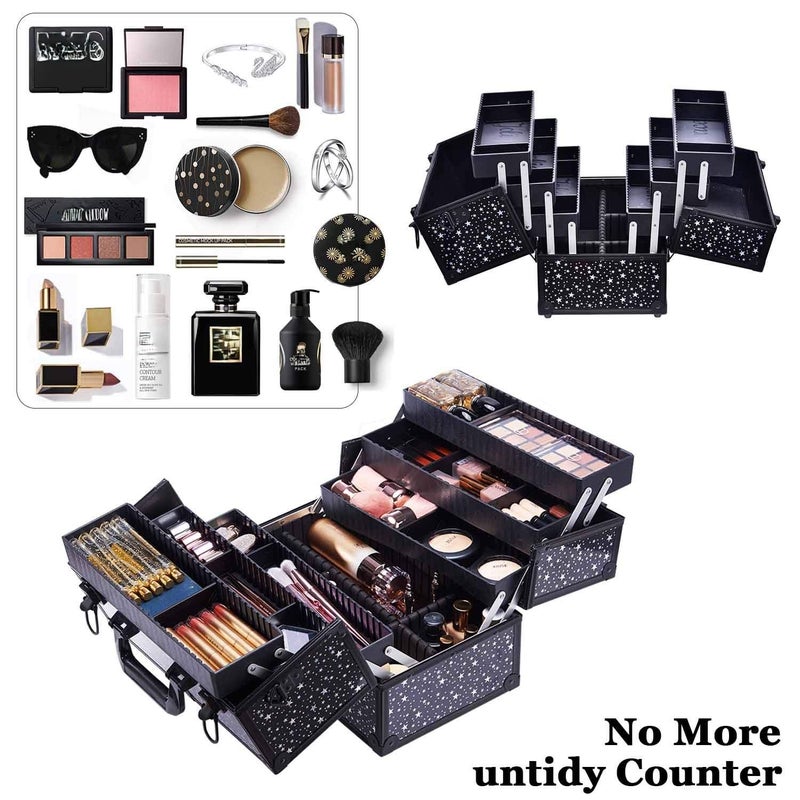 Joligrace Makeup Case 6 Trays Large 14" x 8.5" x 11" Train Cases Cosmetic Organizer Storage Box by Joligrace - Star Pattern - Image 5