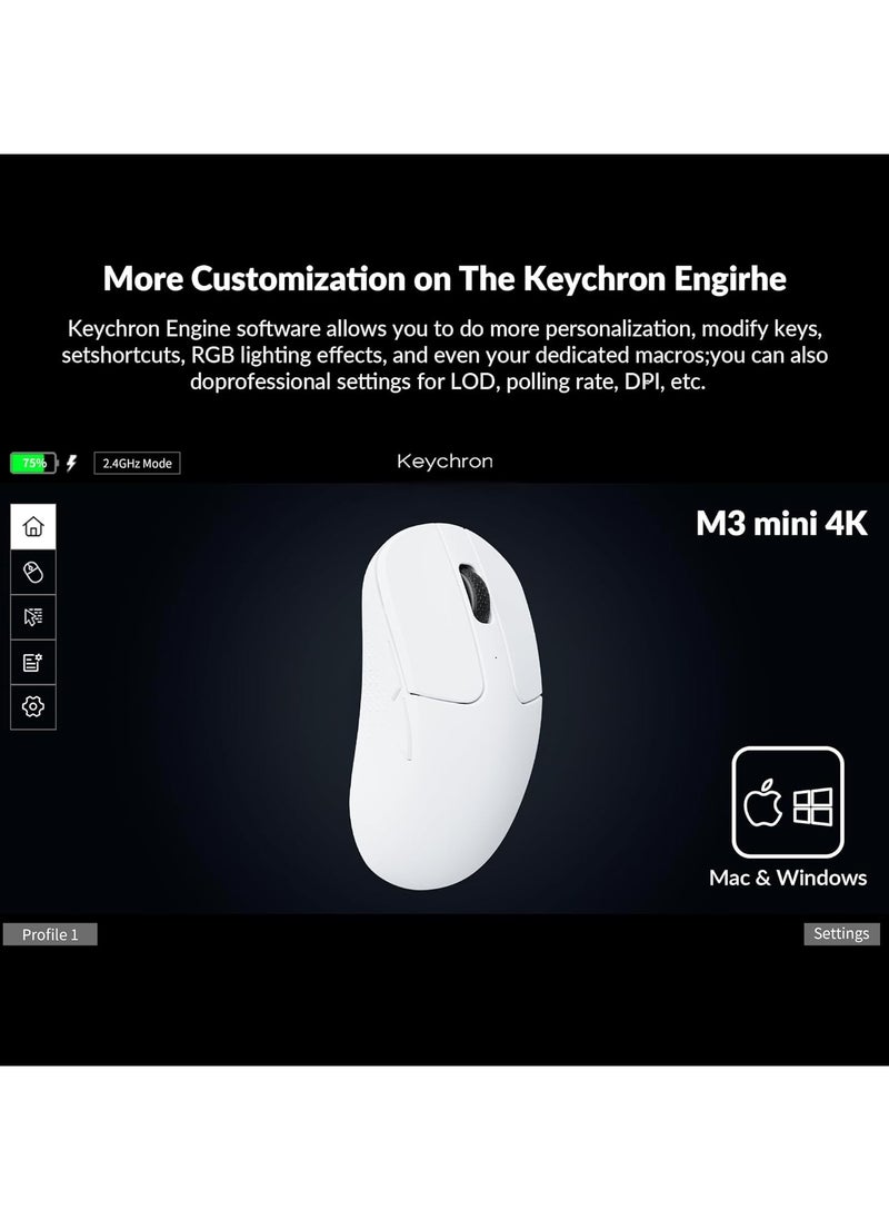 Keychron - ماوس بصري لاسلكي M3 Mini 4K بتقنية بلوتوث 5.1/2.4 جيجاهرتز/سلكي، خفيف الوزن للغاية 55 جرامًا مع مستشعر PixArt 3395 قابل للبرمجة بدقة تصل إلى 26000 نقطة في البوصة/ 650 IPS 4000 هرتز لنظامي التشغيل Windows وMac وLinux - Image 1