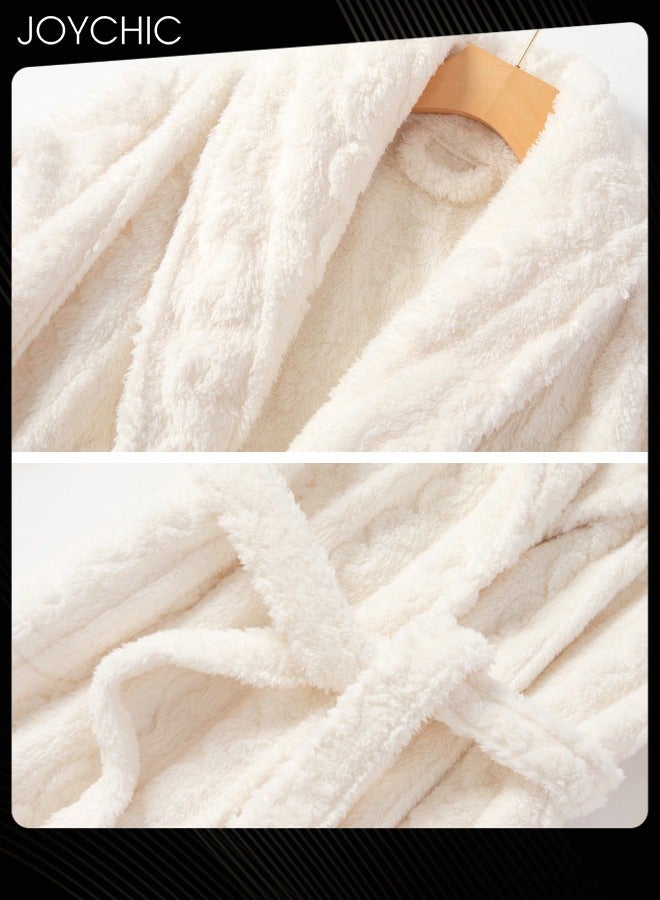NIBEMINENT Autumn and Winter Jacquard Coral Velvet Thickened Warm Pajamas for Women Fashion Green Fruit Collar Long-Sleeved Skin-friendly Bedroom Sleep Robe with Pockets White  - Image 3