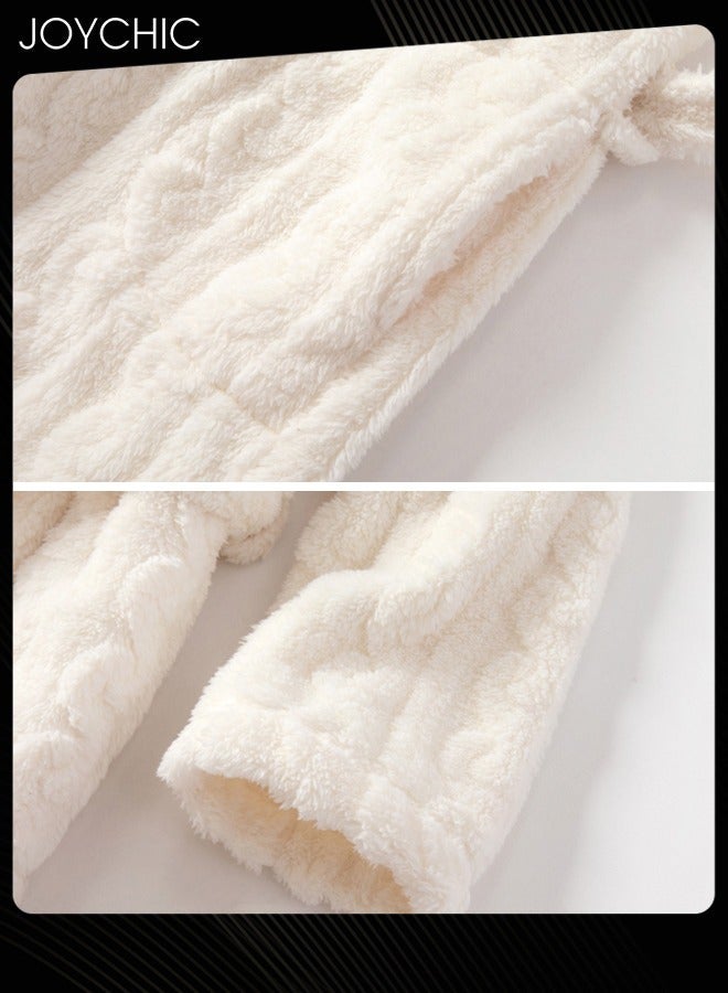 NIBEMINENT Autumn and Winter Jacquard Coral Velvet Thickened Warm Pajamas for Women Fashion Green Fruit Collar Long-Sleeved Skin-friendly Bedroom Sleep Robe with Pockets White  - Image 4