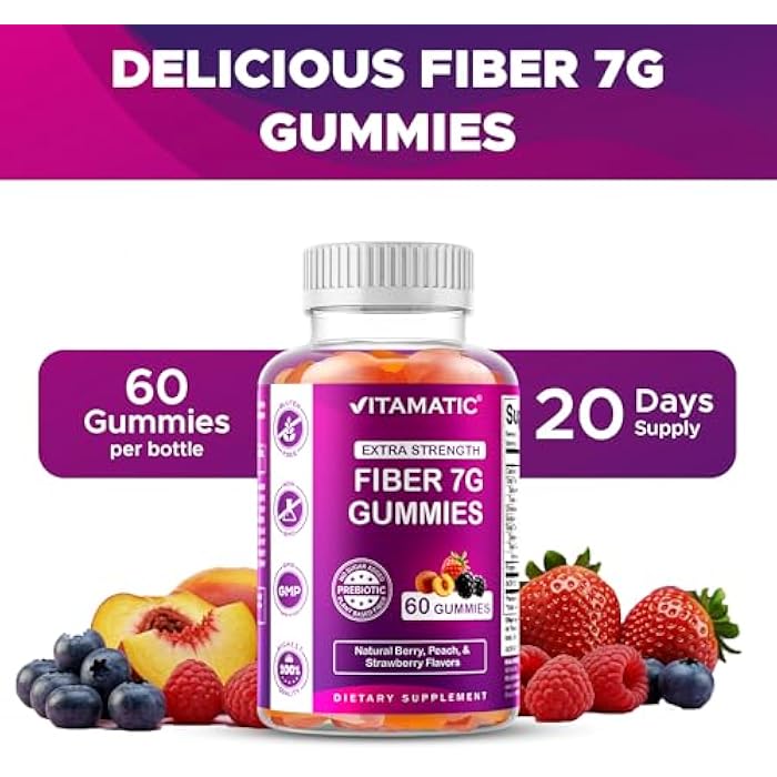 Vitamatic Prebiotic Fiber Gummies for Adults – 7g Fiber per Serving – 60 Pectin-Based Gummies Extra Strength, Zero Sugar Added – Supports Digestive Health & Regularity – Non-GMO, Vegan, Gluten-Free - Image 4