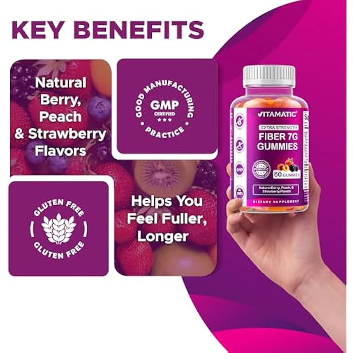 Vitamatic Prebiotic Fiber Gummies for Adults – 7g Fiber per Serving – 60 Pectin-Based Gummies Extra Strength, Zero Sugar Added – Supports Digestive Health & Regularity – Non-GMO, Vegan, Gluten-Free - Image 5