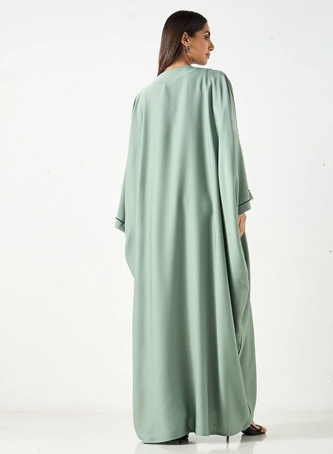 JAMEELA  Sage Green kaftan Abaya with shoulder placement embroidery for Women | Best Price UAE
