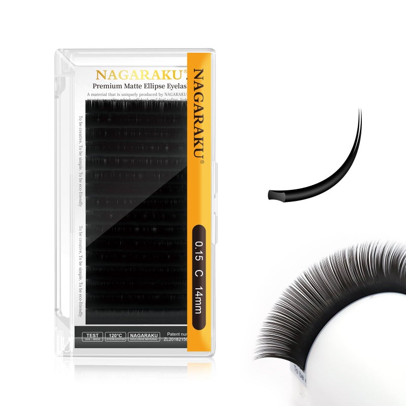 NAGARAKU Double Tips Ellipse Eyelash Extensions Lighter Thinner Flat Split Tips Individual Lash 015mm C curl 14mm Matte Black Faux Mink Classic False Lash Supplies 16 Rows