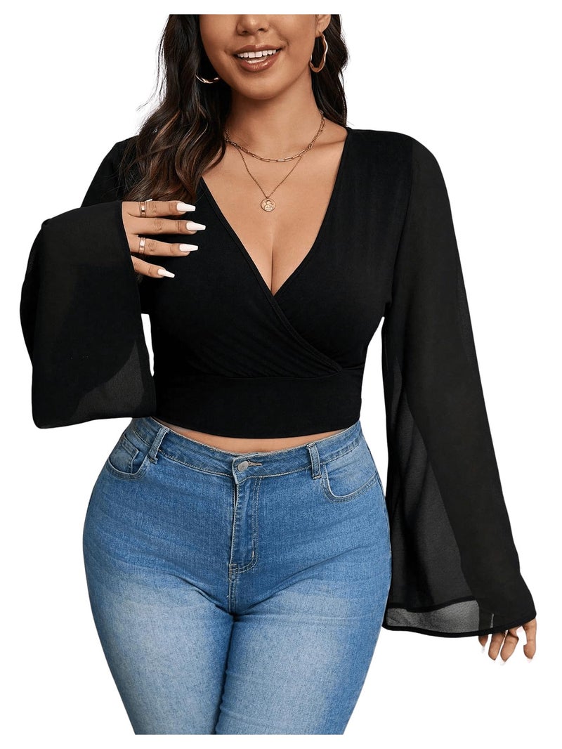 MakeMeChic Women's Plus Size Crop Top Bell Sleeve Top V Neck Wrap Blouse Party Going Out Tops Black XX-Large Plus - Image 1