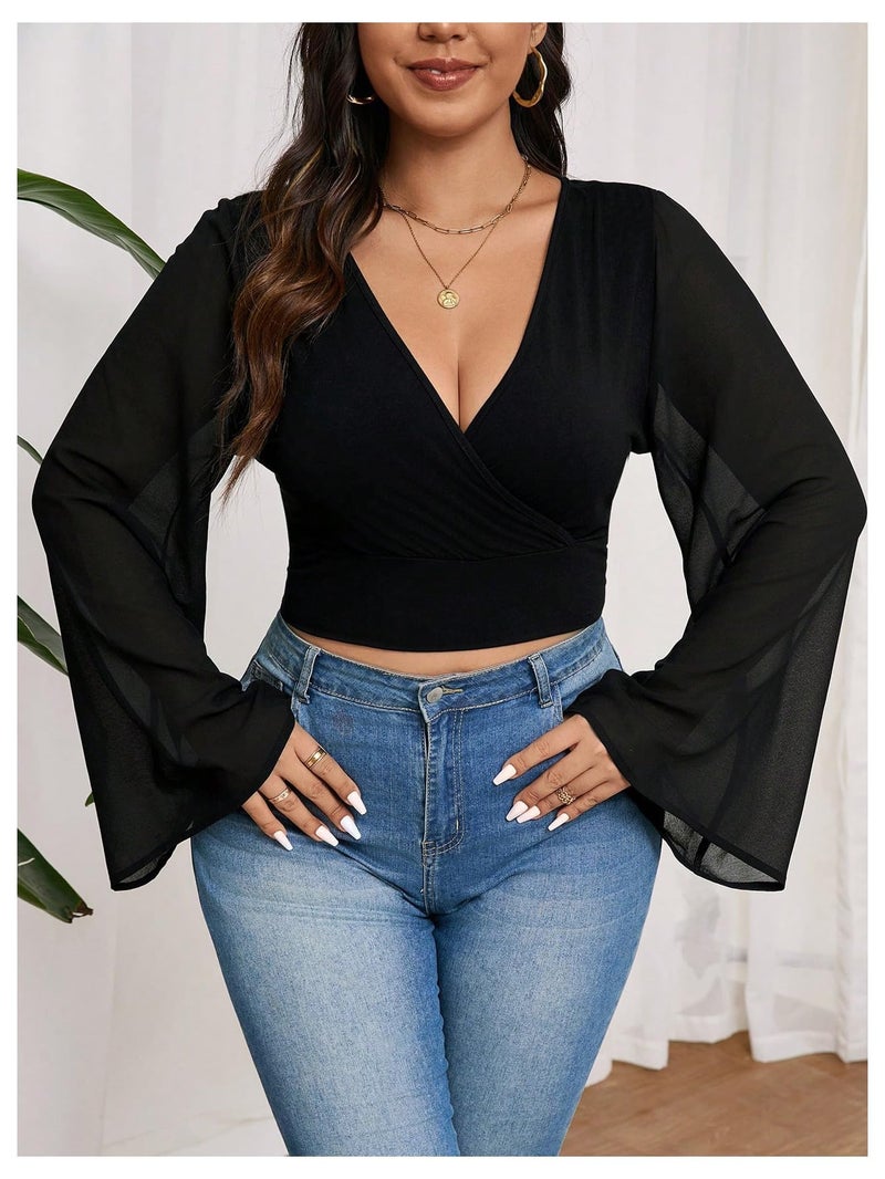 MakeMeChic Women's Plus Size Crop Top Bell Sleeve Top V Neck Wrap Blouse Party Going Out Tops Black XX-Large Plus - Image 5