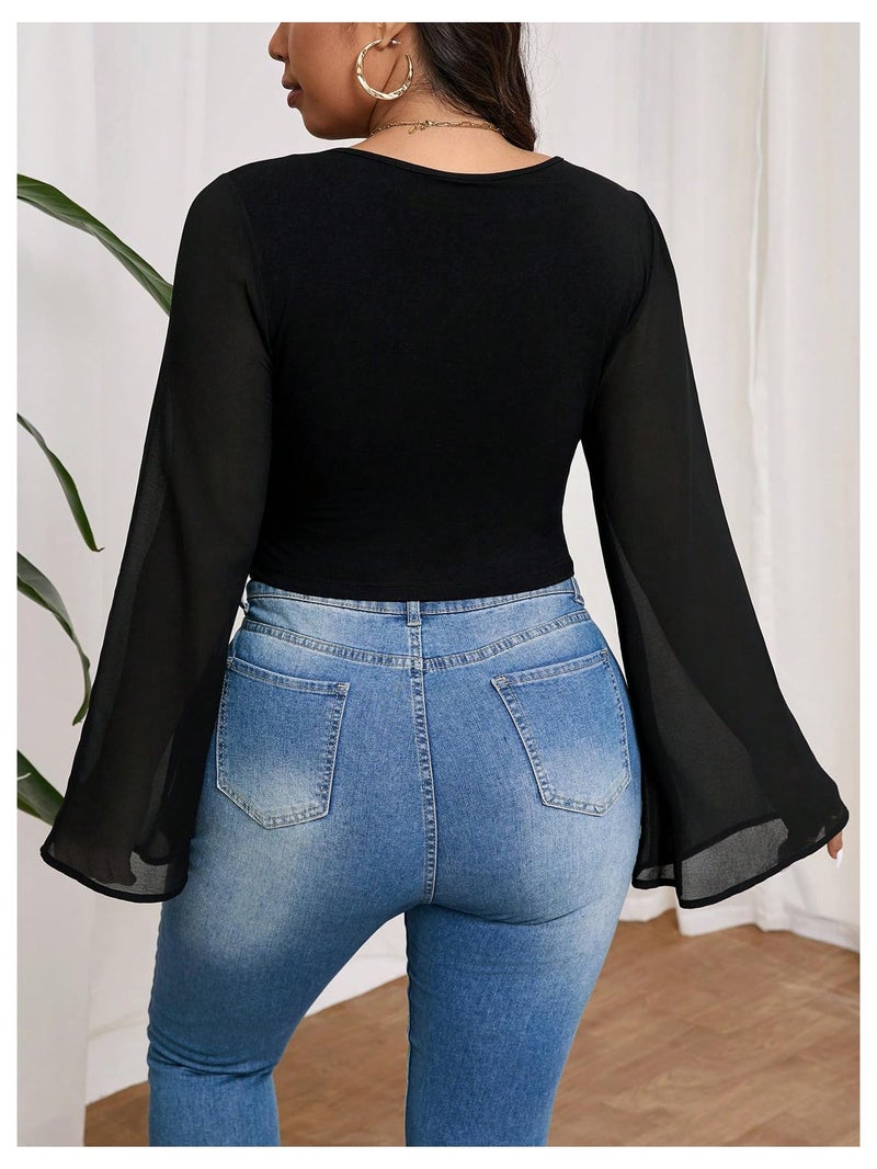 MakeMeChic Women's Plus Size Crop Top Bell Sleeve Top V Neck Wrap Blouse Party Going Out Tops Black XX-Large Plus - Image 2