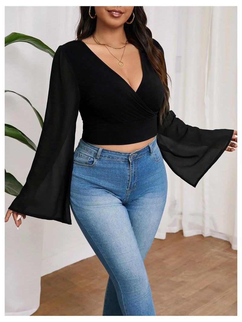 MakeMeChic Women's Plus Size Crop Top Bell Sleeve Top V Neck Wrap Blouse Party Going Out Tops Black XX-Large Plus - Image 3