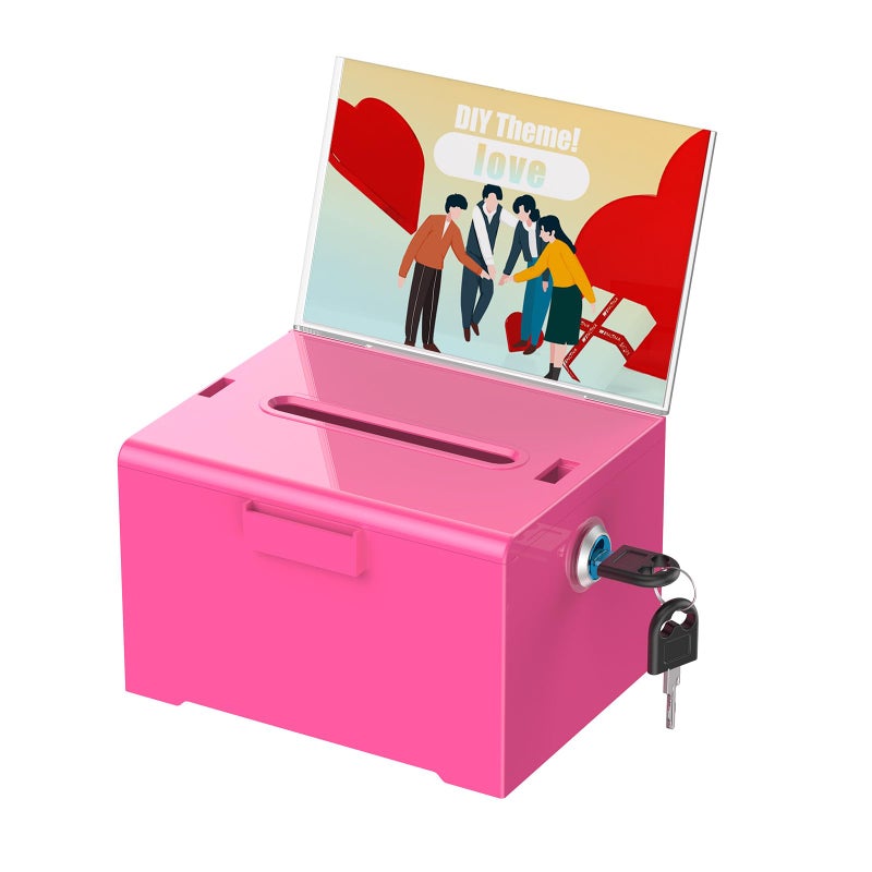 Uniclife Acrylic Donation Box with Lock and Sign Holder Pink Ballot Box with Slot Plastic Suggestion Box Tip Jar Cash Storage Container Drop Box for Fundraising Voting Raffle Charity, 6.2" x 5" x 4" - Image 1